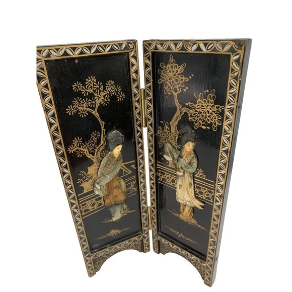 VTG Mini Two Panel Japanese Relief Art Screens Byobu Geishas Decor 6768 - Picture 9 of 16